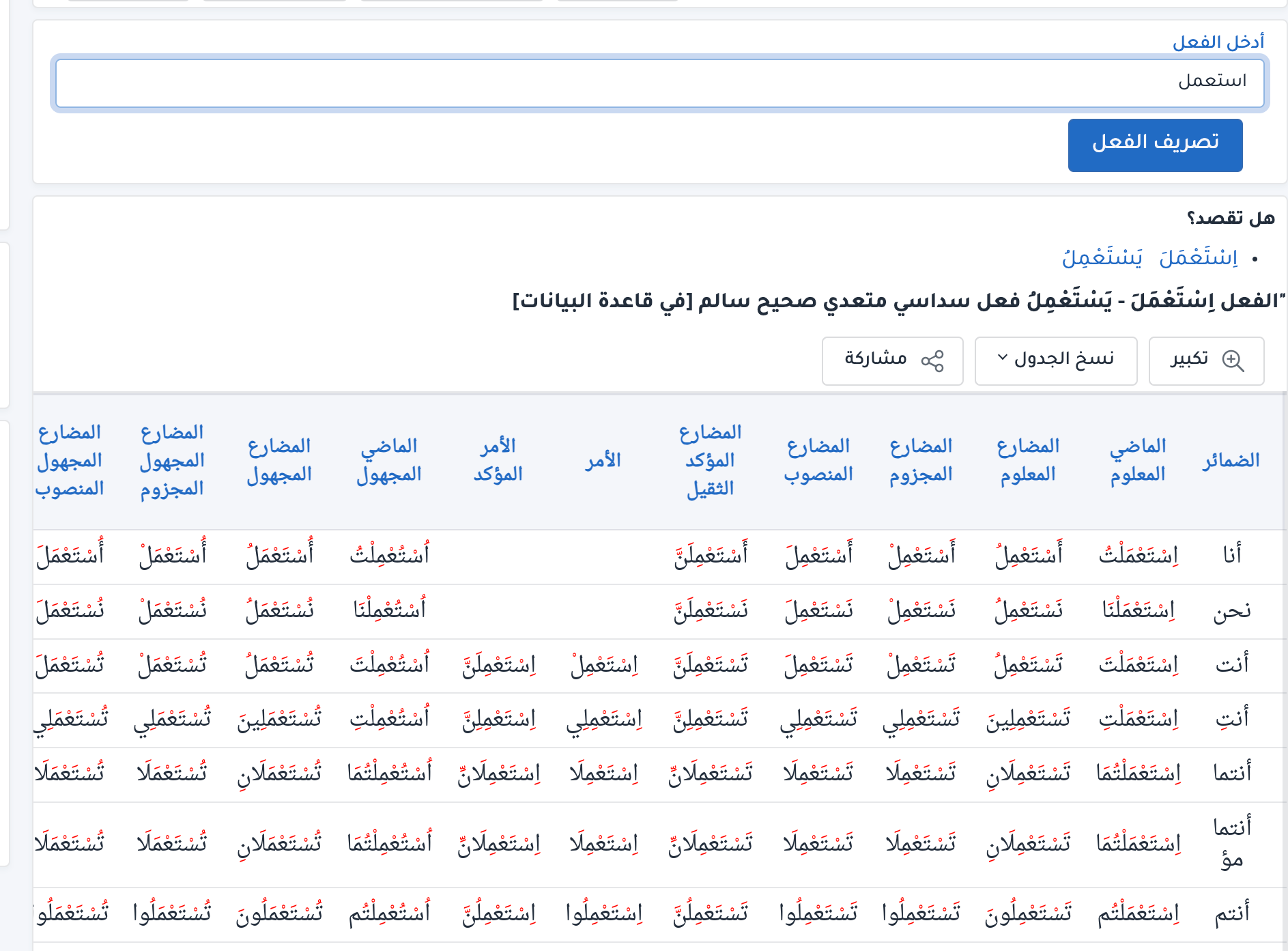 لقطة شاشة لأداة قطرب توضح تصريف الفعل استعمل وإملاءه